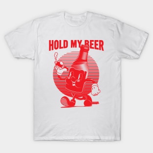 Vintage Walking Beer Bottle. "HOLD MY BEER!" (RED) T-Shirt